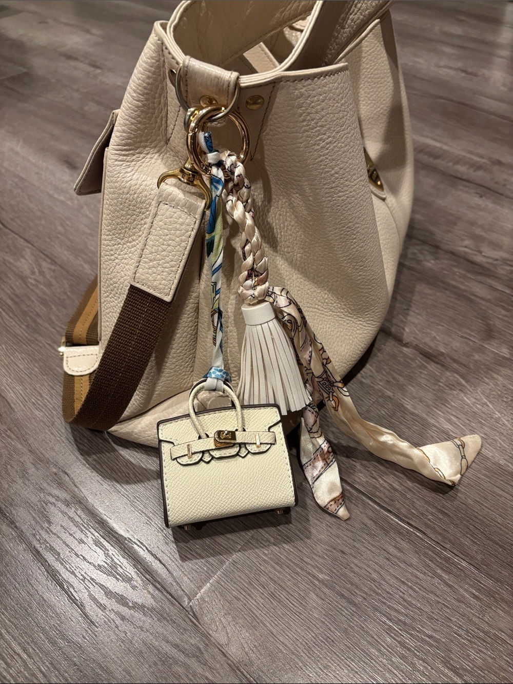 Mini Top Handle Handbag Charm Keychain with Scarf & Tassel – Cream